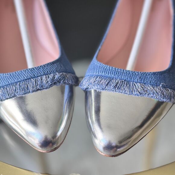Kate Spade Women’s Size 8.5M Denim Fringe Flats Silver Cap Toe Vero Cuoio NIB - Picture 2 of 8